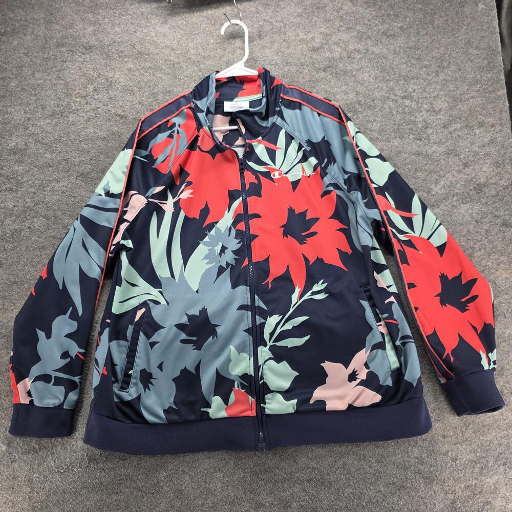 Champion Jacket Womens 2X Blue Floral Track Jacket Full Zip Pockets Collared